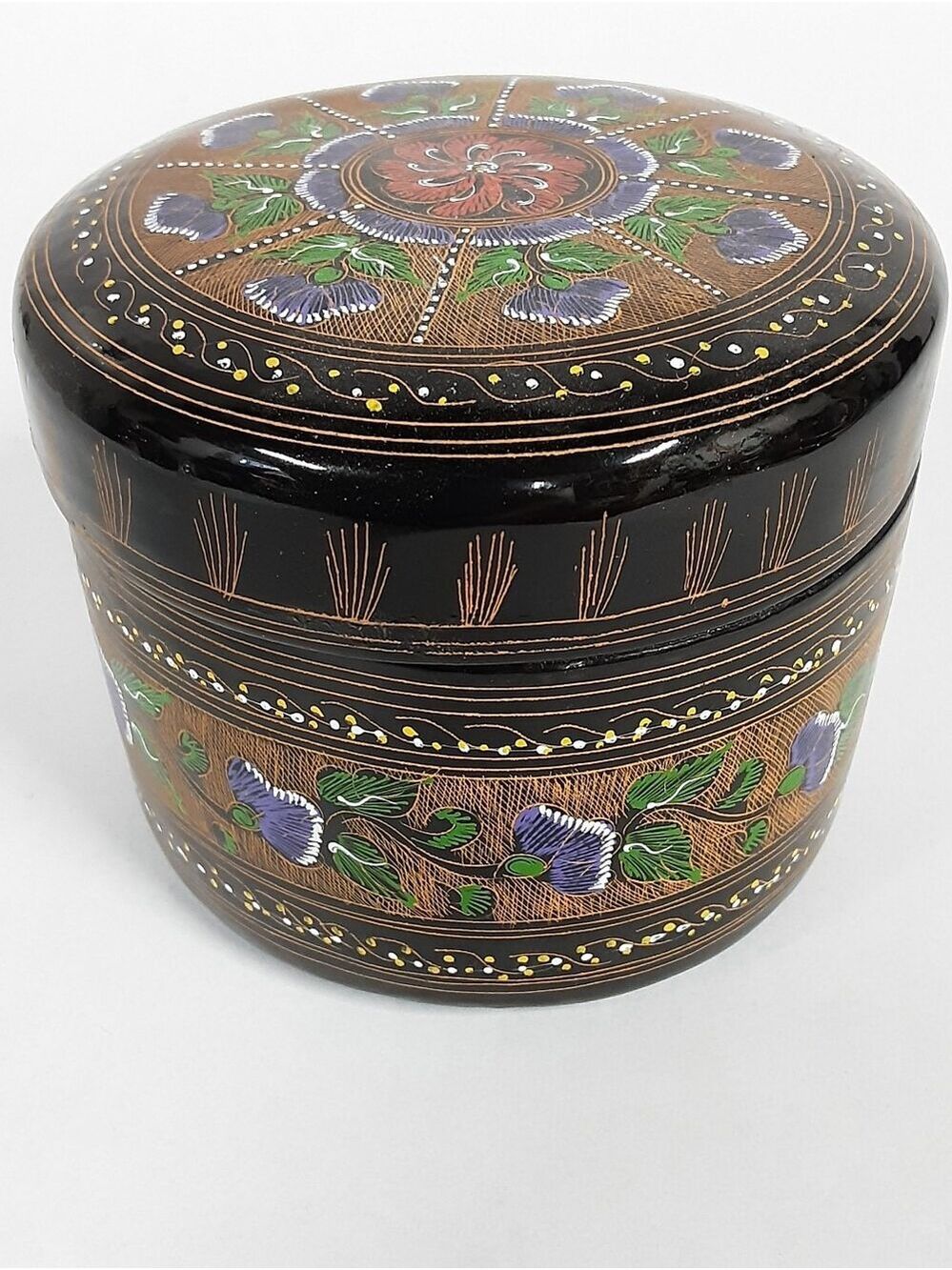 Vintage Round Trinket Lacquerware Box, Glossy Black Finish, Made In Thailand - Picture 13 of 14